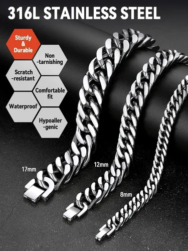 Miniatura 4 de FaithHeart Pulsera de eslabones cubanos de acero inoxidable para hombre, cadena de eslabones para hombre chapada en oro/negro/plata de 8/12/17mm