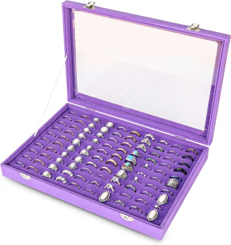 Frebeauty Bandeja organizadora de anillos con 100 ranuras para anillos con tapa transparente, caja de almacenamiento de anillos de terciopelo para