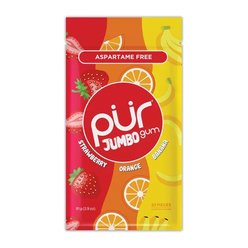 Miniatura 11 de PUR - Chicle Jumbo Chicle sin aspartamo 100% xilitol Sabor natural a fresa, plátano, naranja, 20 piezas (paquete de 10)