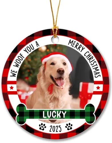 Miniatura 11 de Marco de fotos personalizado para perro, adorno de Navidad 2025 – Nombre y año personalizados para decoración de árboles, adorno de imagen