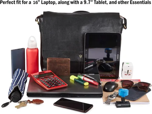Miniatura 6 de Bolso de cuero real para computadora portátil, para hombres y mujeres, estilo vintage, estilo mensajero, bolso de hombro hasta 16 pulgadas