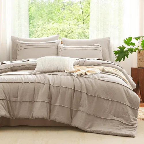 Miniatura 19 de CozyLux Juegos de Edredón Tamaño Full Beige, 7 Piezas Suave Plisado Pinch Pleat Cama en una Bolsa Juego de Edredón Full con Sábanas, Juego de Cama