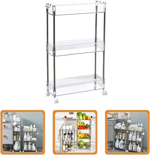 Miniatura 7 de Holibanna Carrito de almacenamiento delgado con ruedas de 3 niveles, estantería móvil, organizador de baño, blanco, transparente, para cocina, baño