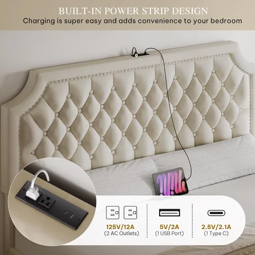 Miniatura 3 de DWVO Base de cama de tamaño matrimonial con cabecera ajustable, 4 cajones de almacenamiento y estación de carga, marco de cama tapizado de Beige