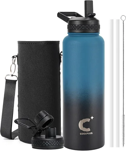 Miniatura 9 de Coolplus - Botella de agua de 32 onzas aislada, termo de agua de acero inoxidable con popote de metal de doble pared al vacío con funda de Negro