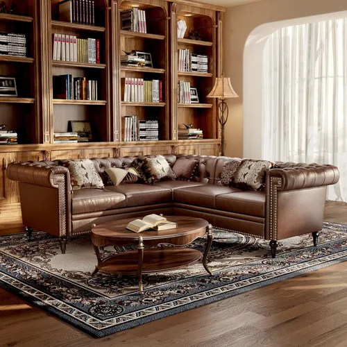 Miniatura 5 de Sofá modular Chesterfield de 85 pulgadas, sofá convertible de piel sintética en forma de L con cabeza de clavo copetuda y brazos enrollados, sofás