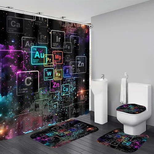 Miniatura 10 de Yizheer Juego de 4 cortinas de ducha de lujo, color negro y dorado, patrón de damasco impermeable, kit de decoración de baño