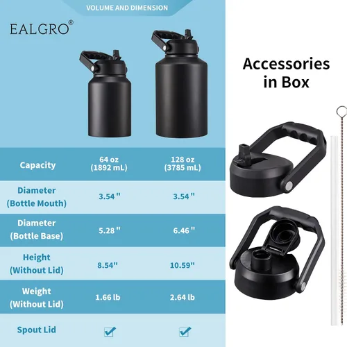 Miniatura 5 de EALGRO Botella de Agua Aislada de Medio Galón Jarra con Pajilla, 64 oz Frasco de Agua Deportivo de Metal de Acero Inoxidable Grande con Asa, Taza