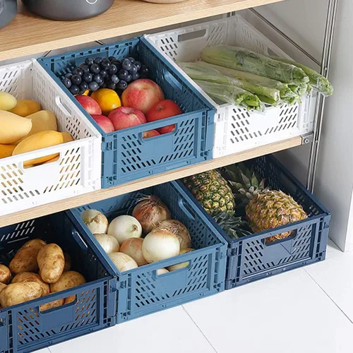 Miniatura 7 de Paquete de 4 cajas de almacenamiento plegables, organizador de cajones de plástico plegables, cesta de almacenamiento apilable para alimentos, Blanco