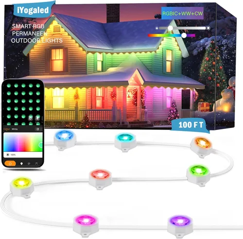 Miniatura 11 de iYogaled Luces exteriores permanentes para casa, 50 pies de luces de borde exterior inteligentes RGB con 63 modos de escena, luces LED impermeables
