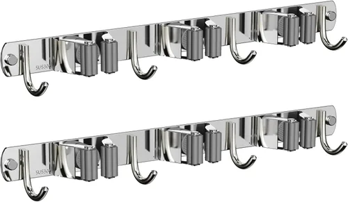 Miniatura 16 de CUXIXA Organizador de escoba y trapeador para colgar en la pared, soporte de pared mejorado para trapeador y escoba, soporte de pared de acero Plata