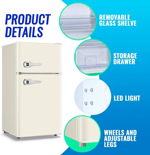 Miniatura 4 de Mini refrigerador con congelador, frigorífico pequeño, doble puerta, soporte para bebidas laterales, estantes de vidrio ajustables, cajón de Blanco