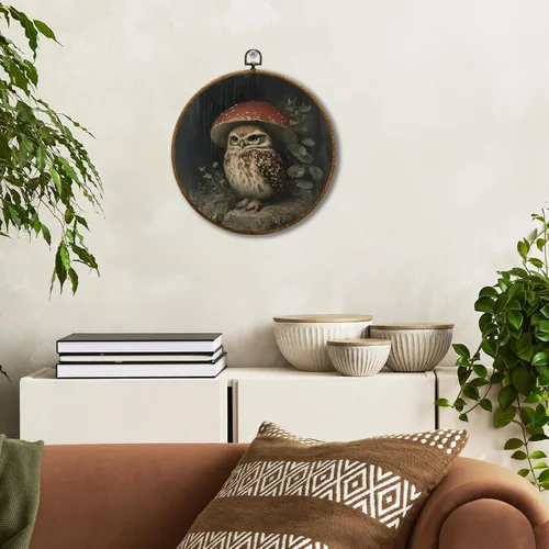 Miniatura 4 de JUIOEIU Decoración de pared redonda de búho de hongo con núcleo de cabaña, impresiones en lienzo enmarcadas con diseño de búho lluvioso oscuro