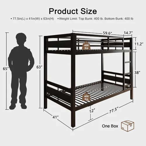Miniatura 2 de Einhomn - Litera de camas individuales con escalera, de metal resistente con barandilla de seguridad de longitud completa, espacio de almacenamiento