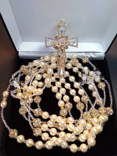 Miniatura 2 de Aeiniweraabbcc SPPRANDOM J.G Wedding LassoLasso para boda de Perla fina Color Marfil y rhigestone Color oro Lazo con Cruz catolica y cristales Lazo