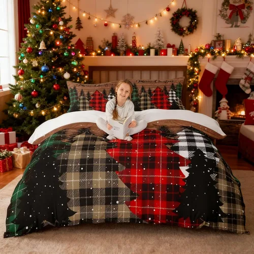 Miniatura 2 de Juego de funda de edredón para niños con diseño de Navidad, tamaño individual, camiones rojos y árboles de pino con copos de nieve, decoración