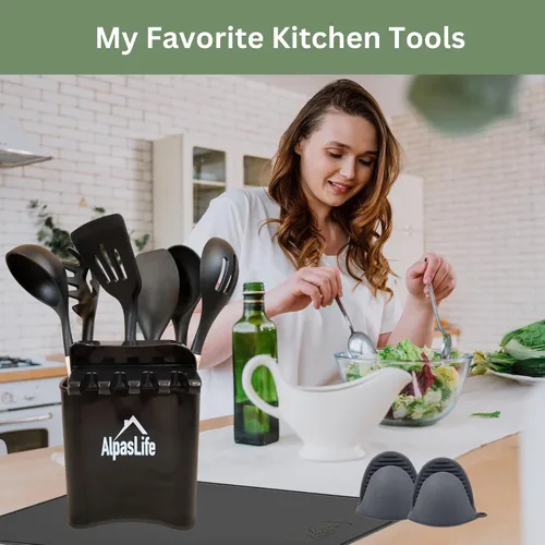 Miniatura 2 de Juego completo de utensilios de cocina – Utensilios de silicona y madera, soporte para cucharas, soporte para utensilios, alfombrillas