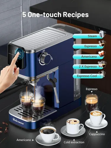 Miniatura 4 de RELEXNOW Máquina de café expreso, 20 bares, espumador de leche y panel LCD, máquina de café caliente y helado, máquina de café espresso de acero Azul