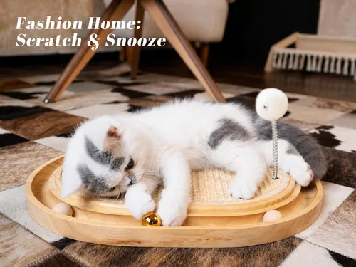 Miniatura 6 de CHEERHOME PETS Juguete rascador de sisal para gatos con pista de bolas, juguete interactivo de madera para gatos de interior, almohadilla
