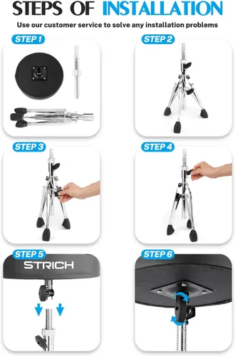 Miniatura 5 de STRICH Drum Throne, taburete de tambor acolchado ajustable en altura, silla giratoria de tambor resistente, taburete acolchado de doble soporte
