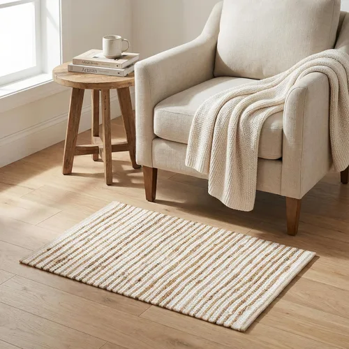 Miniatura 12 de Jute Patsan - Alfombra tejida a mano de 2 x 3 pies, diseño de rayas torcidas naturales, alfombra de piso suave para entrada, cocina, dormitorio