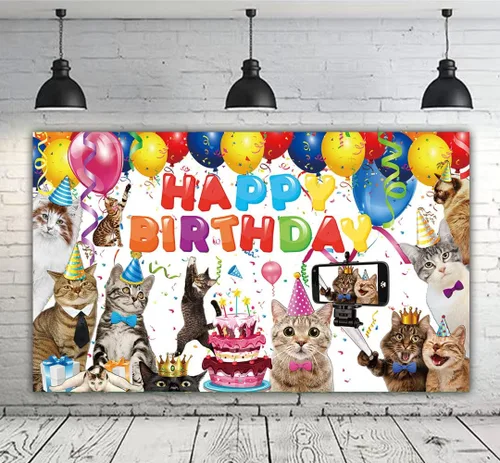 Cartel de fondo de feliz cumpleaños de gato de 6 x 3.6 pies, decoración de suministros de fiesta de gatitos, telón de fondo con temática de patas de