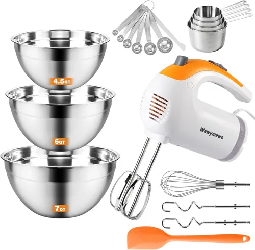 Batidora de mano eléctrica de 5 velocidades de 300 W con 3 cuencos de mezcla de anidación gruesos, tazas y cucharas medidoras, mezclador completo de