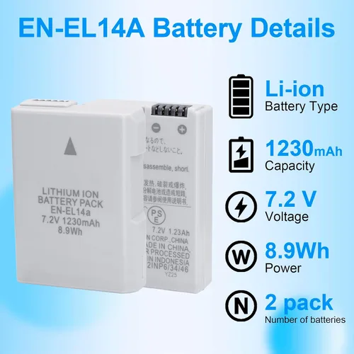 Miniatura 3 de EN-EL14 EN-EL14A - Batería de 1230 mAh con cargador rápido MH 24 para Nikon D3100 D3200 D3300 D3400 D3500 D5100 D5200 D5300 D5500 D5600 P7 000