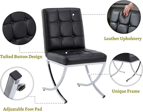 Miniatura 5 de EALSON Juego de 2 sillas de comedor modernas, tapizado de cuero negro con lengüetas de metal cromado y respaldos altos copetudos, sin brazos