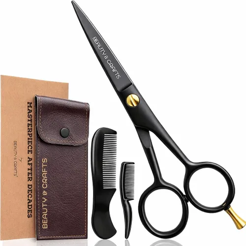 Beauty & Crafts Tijeras profesionales de 5 pulgadas para barba y bigote para hombre, tijeras de corte de barba de acero inoxidable alemán con 2 Negro