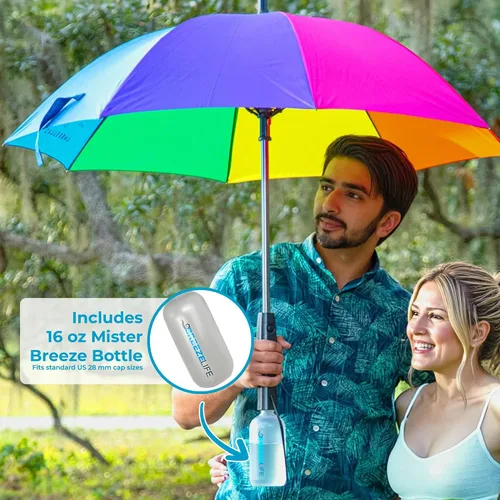 Miniatura 9 de Breeze Life - Sombrilla con ventilador y niebla, paraguas nebulizador con ventilador integrado, para festivales, playa y más, bloquea los rayos