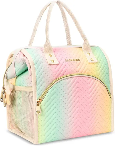 Miniatura 8 de Bolsa de almuerzo aislada para mujer, bolsa de almuerzo de apertura amplia, soporte grande para bebidas, organizador térmico de nailon duradero