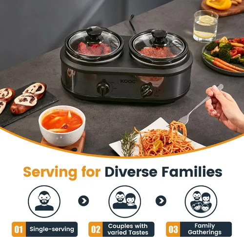 Miniatura 3 de KOOC Olla de cocción lenta doble pequeña, servidor de buffet y calentador, 2 ollas mini con 3 temperaturas ajustables individuales, ollas cerámicas