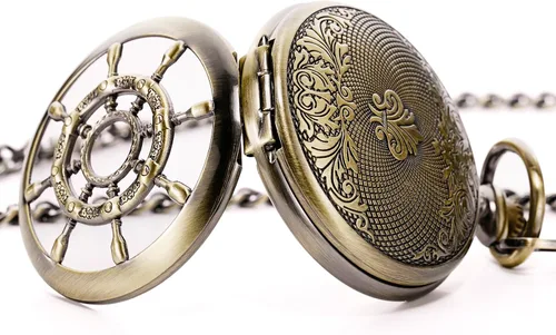 Miniatura 5 de TREEWETO Reloj de bolsillo con doble cubierta de bronce con números romanos para hombre y mujer