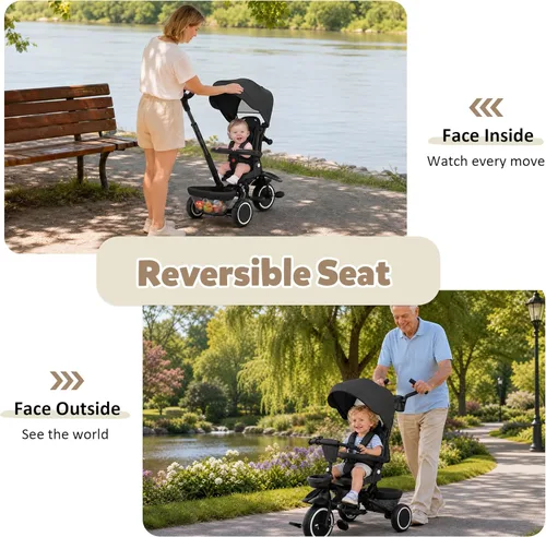 Miniatura 3 de TODEFULL - Triciclo plegable para niños, 8 en 1, triciclo para bebé con toldo extraíble y ajustable, mango para padres, arnés de seguridad de 5