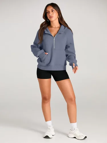 Miniatura 4 de AUTOMET Sudaderas con capucha para mujer, con media cremallera, chaquetas de vellón, tops de gran tamaño, trajes de otoño, ropa de moda de invierno