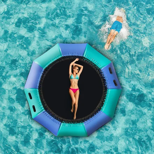 Miniatura 8 de GYMAX Trampolín de agua, trampolín flotante para lago con bomba eléctrica y escalera de cuerda, gorila de agua inflable para lago, resistente