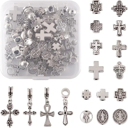 Pandahall - 70 cuentas de cruz de crucifijo de plata antigua, colgantes de cruz de plata tibetana, collar de rosario de metal, cuentas de oración