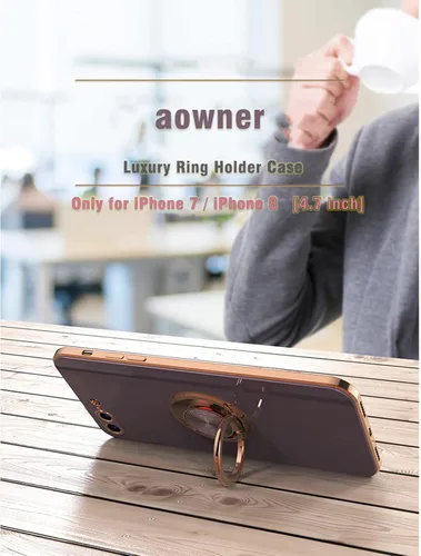 Miniatura 4 de aowner Funda para iPhone SE 3/SE 2/iPhone 8/7, chapado en oro rosa, borde dorado rosa con soporte de rotación de 360 grados para mujeres y niñas
