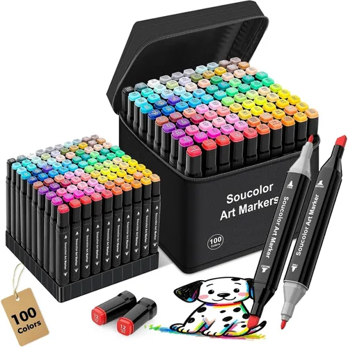 Soucolor Marcadores de Alcohol 100 Colores con Estuche y Portamarcadores, Puntas Duales Cincel y Punta Fina, Marcadores de Arte para Colorear para