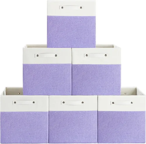 Miniatura 16 de FinishingBo Contenedores de almacenamiento de lino fino de 13 x 13 pulgadas con asas, cajas de cubo de tela, organizadores de cestas para estantes
