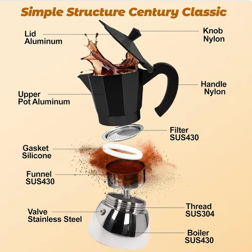 Miniatura 3 de Sin Recubrimiento 4 Tazas Olla de Moka de Aluminio y Acero Inoxidable para Preparar Espresso en Estufa, Cafetera Italiana de 220ml 7.44oz Adecuada