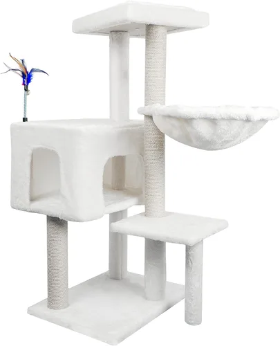 AIWIKIDE Árbol para gatos con juguete para rascar y centro de actividades, torre para gatos con postes para rascar cubiertos de yute, color beige