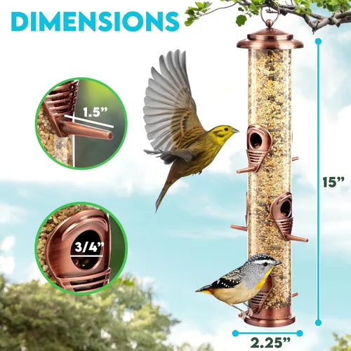 Miniatura 6 de Comedero para pájaros para exteriores (cobre de metal cepillado), comedero colgante para pájaros con tapa de bloqueo y gancho ajustable, a prueba