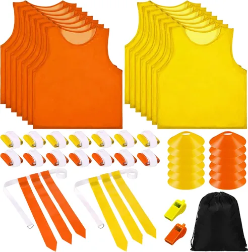 Miniatura 8 de Sratte Set de fútbol de bandera para 14 jugadores, 14 banderas de fútbol de malla de nailon, 14 cinturones ajustables, 12 conos para entrenamiento