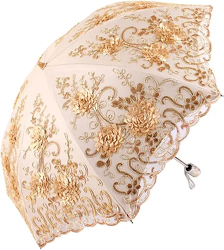 Miniatura 59 de Honeystore Sombrilla bordada con flor 3D plegable UV con encaje clásico
