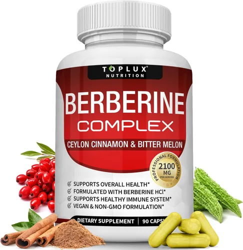 Toplux Berberina con canela de Ceilán y melón amargo 2100 mg – Suplemento de berberina HCL de alta pureza al 97% que apoya la salud general y el
