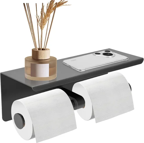 Miniatura 8 de Soporte doble de papel higiénico, soporte de papel de seda de acero inoxidable con estante, dispensador de papel higiénico antioxidante, montado