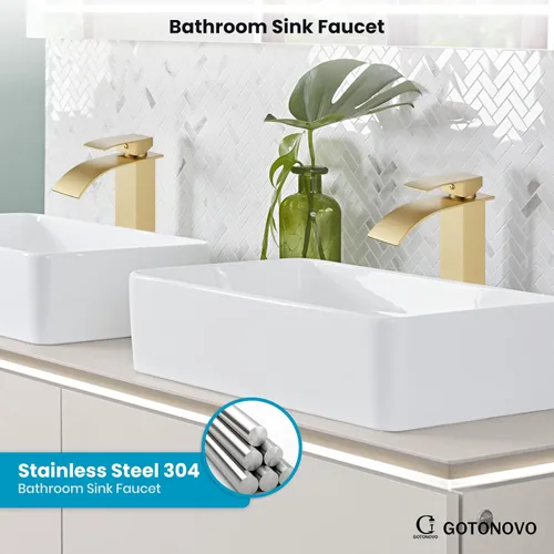 Miniatura 2 de gotonovo Grifo de baño alto en cascada de una sola manija para fregadero 1 agujero, grifo de fregadero de acero inoxidable moderno, mezclador