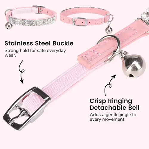 Miniatura 4 de BINGPET collar ajustable para gatos, de terciopelo suave, seguro, collares Bling diamante con cascabel, Adjustable, Rosado claro Rosa